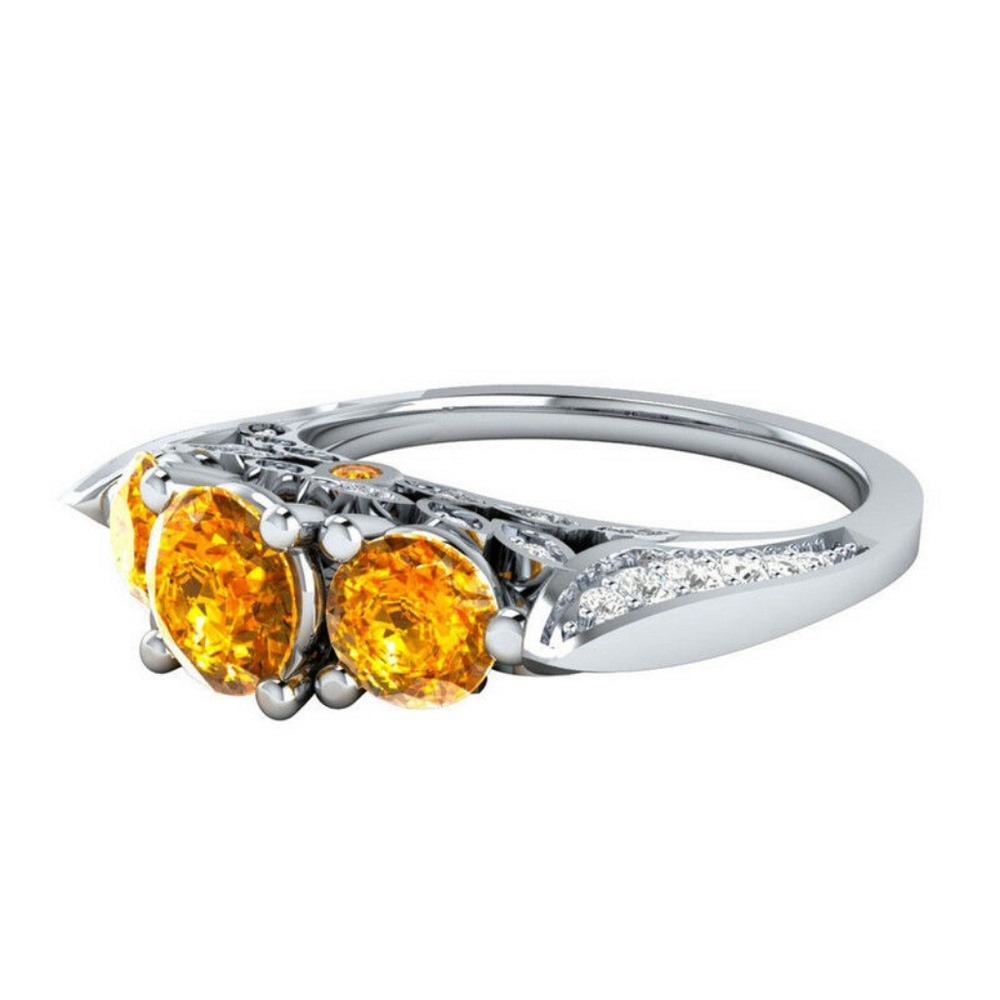 925 Silver Round Cut Citrine Ring Size 10 - Picture 3 of 4